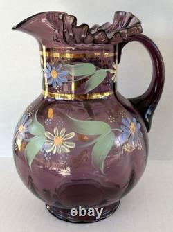 Victorian Bohemian Purple Art Glass Pitcher Enameled Hand Painted Flowers