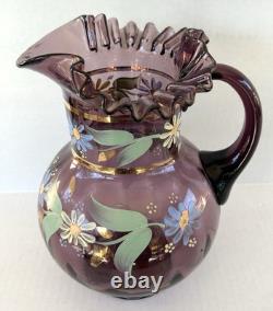 Victorian Bohemian Purple Art Glass Pitcher Enameled Hand Painted Flowers