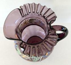 Victorian Bohemian Purple Art Glass Pitcher Enameled Hand Painted Flowers