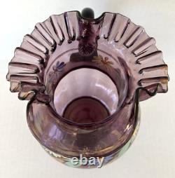 Victorian Bohemian Purple Art Glass Pitcher Enameled Hand Painted Flowers