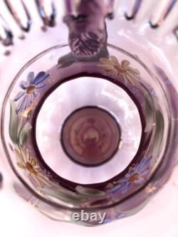 Victorian Bohemian Purple Art Glass Pitcher Enameled Hand Painted Flowers