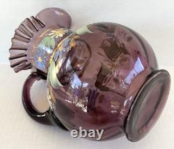 Victorian Bohemian Purple Art Glass Pitcher Enameled Hand Painted Flowers