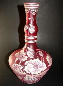 Victorian Bohemian Red Rose Glass Bottle Vase Hand Painted Enamel White Flowers