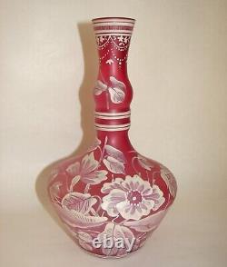 Victorian Bohemian Red Rose Glass Bottle Vase Hand Painted Enamel White Flowers