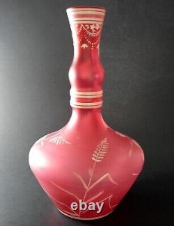 Victorian Bohemian Red Rose Glass Bottle Vase Hand Painted Enamel White Flowers