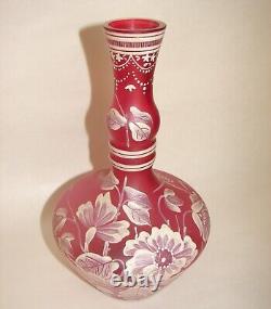 Victorian Bohemian Red Rose Glass Bottle Vase Hand Painted Enamel White Flowers