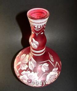 Victorian Bohemian Red Rose Glass Bottle Vase Hand Painted Enamel White Flowers