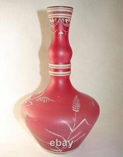 Victorian Bohemian Red Rose Glass Bottle Vase Hand Painted Enamel White Flowers