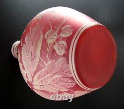 Victorian Bohemian Red Rose Glass Bottle Vase Hand Painted Enamel White Flowers