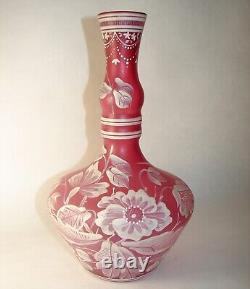 Victorian Bohemian Red Rose Glass Bottle Vase Hand Painted Enamel White Flowers