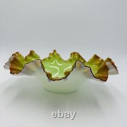 Victorian Bowl Ox Blood Red Rim Art Glass Pistachio Green Cased Glass Ruffled