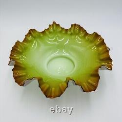 Victorian Bowl Ox Blood Red Rim Art Glass Pistachio Green Cased Glass Ruffled