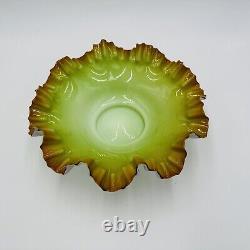 Victorian Bowl Ox Blood Red Rim Art Glass Pistachio Green Cased Glass Ruffled