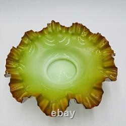 Victorian Bowl Ox Blood Red Rim Art Glass Pistachio Green Cased Glass Ruffled