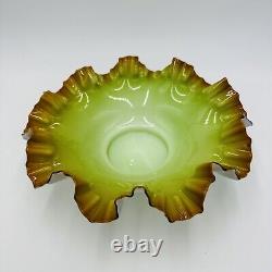 Victorian Bowl Ox Blood Red Rim Art Glass Pistachio Green Cased Glass Ruffled