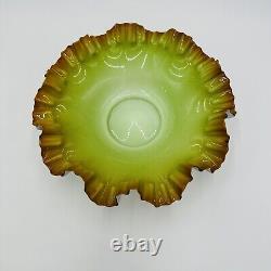 Victorian Bowl Ox Blood Red Rim Art Glass Pistachio Green Cased Glass Ruffled