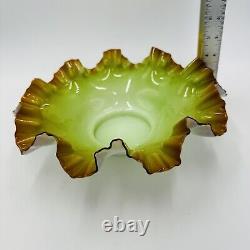 Victorian Bowl Ox Blood Red Rim Art Glass Pistachio Green Cased Glass Ruffled