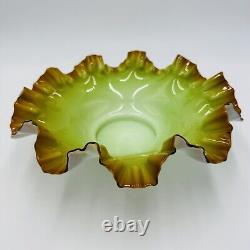 Victorian Bowl Ox Blood Red Rim Art Glass Pistachio Green Cased Glass Ruffled