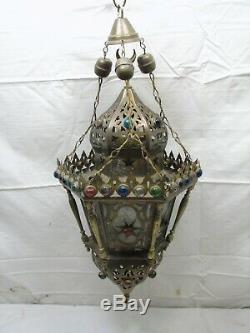 Victorian Brass Glass Jewel Chandelier Porch Lamp Light Hanging Ornate Folk Art