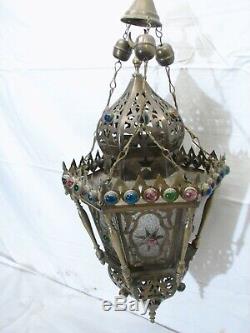Victorian Brass Glass Jewel Chandelier Porch Lamp Light Hanging Ornate Folk Art