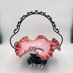 Victorian Brides Basket Cased Pink and White Art Glass Bowl Silverplated Frame