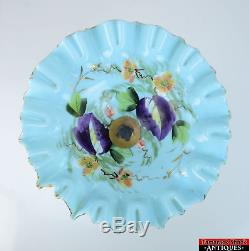 Victorian Brides Bowl Hand Painted Floral Pinched Art Blue Milk Glass Bronze