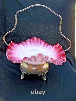 Victorian Brides Wedding Basket Pink Art Glass Bowl W Silverplate Frame