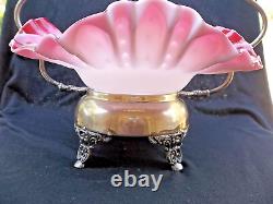 Victorian Brides Wedding Basket Pink Art Glass Bowl W Silverplate Frame