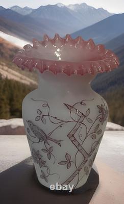 Victorian Bristol Glass Vase Hand Blown Painted Birds/floral Ruffled Pink Top 9 Victorian Bristol Glass Vase Hand Blown Painted Birds/floral Ruffled Pink Top 9