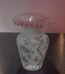 Victorian Bristol Glass Vase Hand Blown Painted Birds/floral Ruffled Pink Top 9 Victorian Bristol Glass Vase Hand Blown Painted Birds/floral Ruffled Pink Top 9