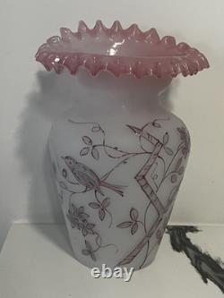 Victorian Bristol Glass Vase Hand Blown Painted Birds/floral Ruffled Pink Top 9 Victorian Bristol Glass Vase Hand Blown Painted Birds/floral Ruffled Pink Top 9