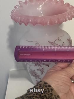 Victorian Bristol Glass Vase Hand Blown Painted Birds/floral Ruffled Pink Top 9 Victorian Bristol Glass Vase Hand Blown Painted Birds/floral Ruffled Pink Top 9
