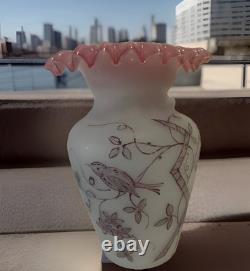 Victorian Bristol Glass Vase Hand Blown Painted Birds/floral Ruffled Pink Top 9 Victorian Bristol Glass Vase Hand Blown Painted Birds/floral Ruffled Pink Top 9