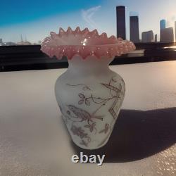 Victorian Bristol Glass Vase Hand Blown Painted Birds/floral Ruffled Pink Top 9 Victorian Bristol Glass Vase Hand Blown Painted Birds/floral Ruffled Pink Top 9