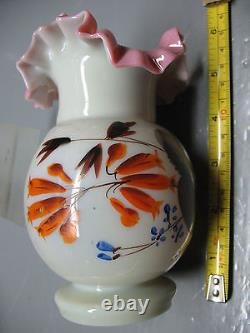 Victorian Bristol Ruffled Crest Painted Art Glass Vase Opalescent Nacre