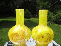 Victorian British Art Glass Bottle Posy Vases Bright Yellow Spatter & Enamel