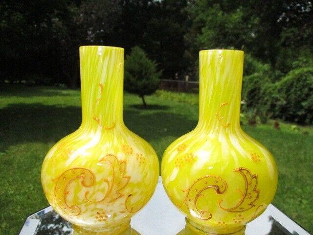 Victorian British Art Glass Bottle Posy Vases Bright Yellow Spatter & Enamel