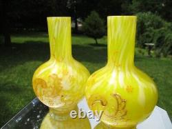 Victorian British Art Glass Bottle Posy Vases Bright Yellow Spatter & Enamel