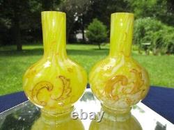 Victorian British Art Glass Bottle Posy Vases Bright Yellow Spatter & Enamel