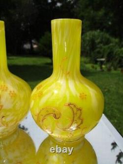 Victorian British Art Glass Bottle Posy Vases Bright Yellow Spatter & Enamel