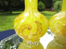 Victorian British Art Glass Bottle Posy Vases Bright Yellow Spatter & Enamel