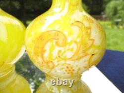 Victorian British Art Glass Bottle Posy Vases Bright Yellow Spatter & Enamel