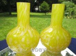 Victorian British Art Glass Bottle Posy Vases Bright Yellow Spatter & Enamel