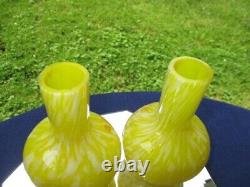 Victorian British Art Glass Bottle Posy Vases Bright Yellow Spatter & Enamel