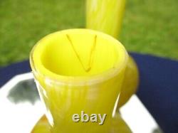 Victorian British Art Glass Bottle Posy Vases Bright Yellow Spatter & Enamel