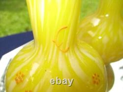 Victorian British Art Glass Bottle Posy Vases Bright Yellow Spatter & Enamel