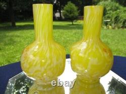 Victorian British Art Glass Bottle Posy Vases Bright Yellow Spatter & Enamel