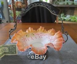 Victorian Butterscotch Cased Hand Enameled Daisies Brides Basket With Frame