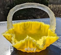 Victorian Canary Yellow Thorn Handle Diamond Quilted Crested Art Glass Basket