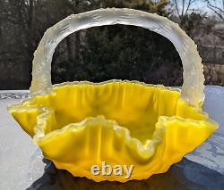 Victorian Canary Yellow Thorn Handle Diamond Quilted Crested Art Glass Basket